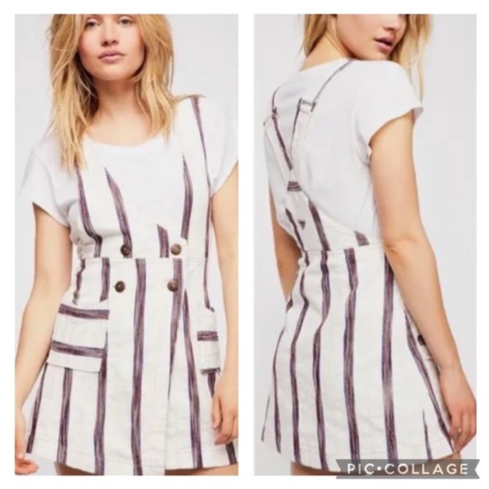 Free people size 12 NWOT overall mini dress. ivory, stripes pink burgundy blue.